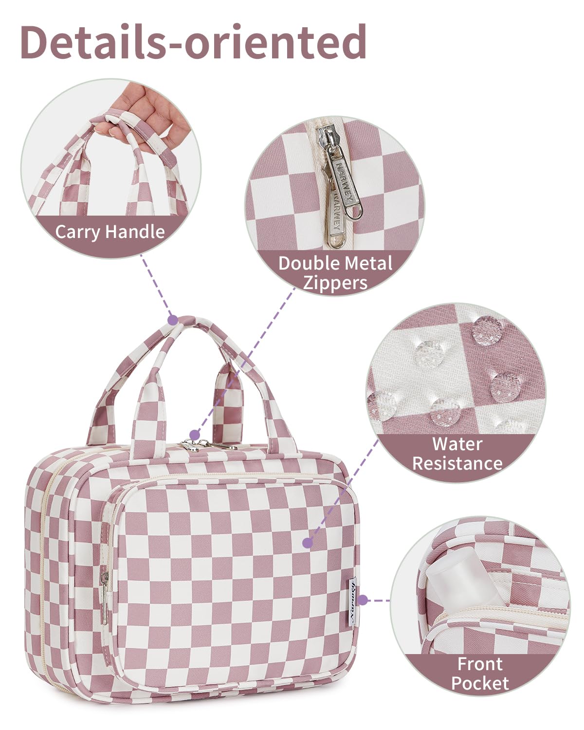 Narwey hanging toiletry bag water-resistant exterior and interior repel moisture for travel.