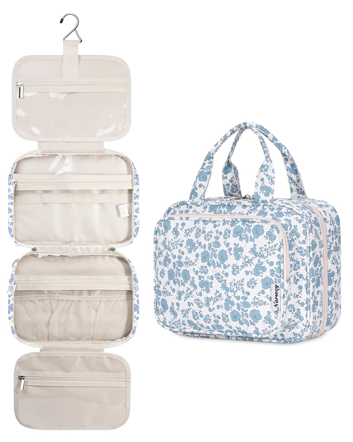 Narwey hanging floral toiletry bag, little blue flower, keeps cosmetics organized on trips
