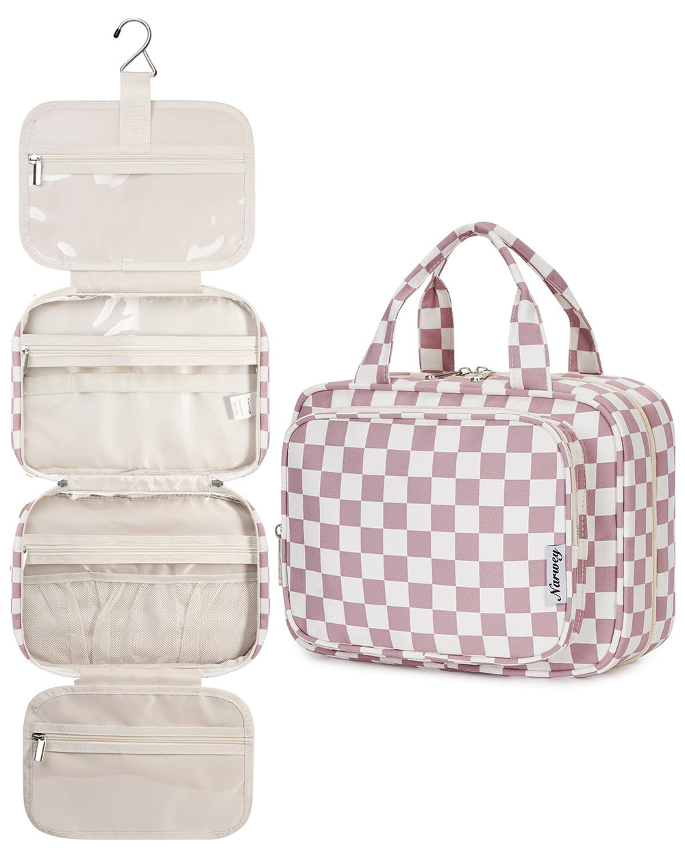 Narwey hanging toiletry bag compartments keep cosmetics organized on the go.