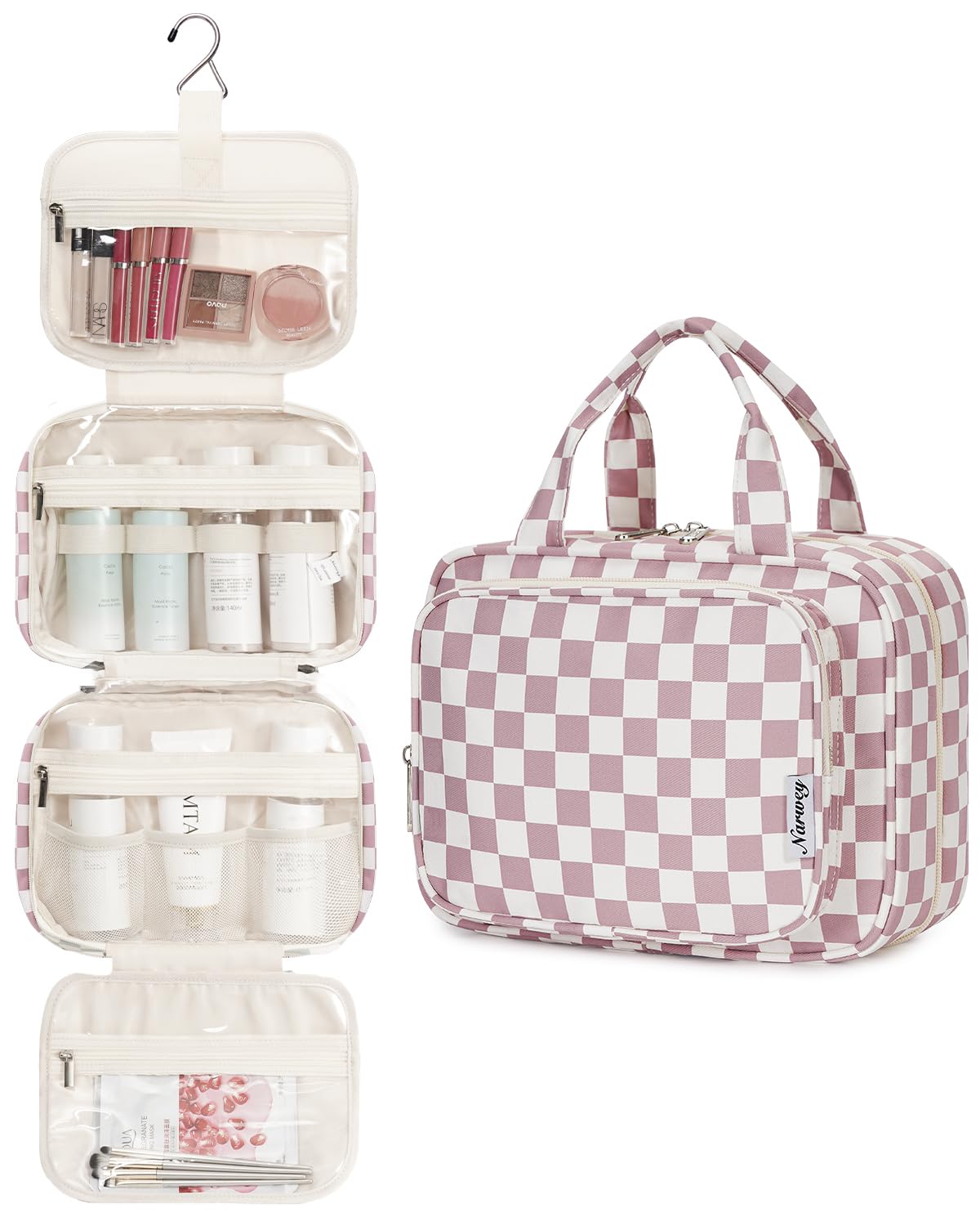 Narwey hanging toiletry bag folded size shows compact travel-ready dimensions.