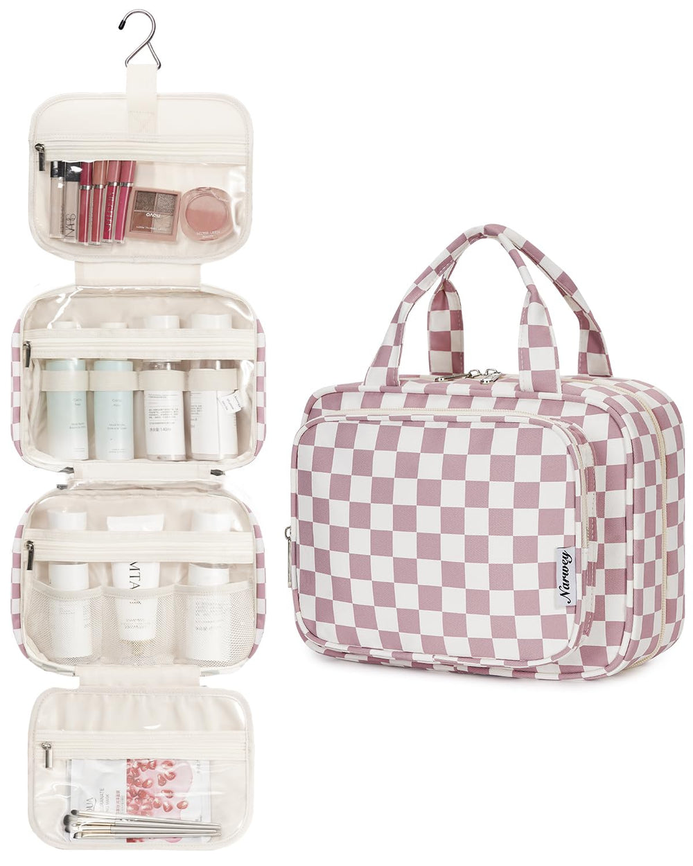 Narwey hanging toiletry bag folded size shows compact travel-ready dimensions.