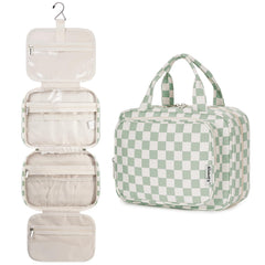 Narwey hanging toiletry bag with green checkerboard open compartments for quick access during travel.