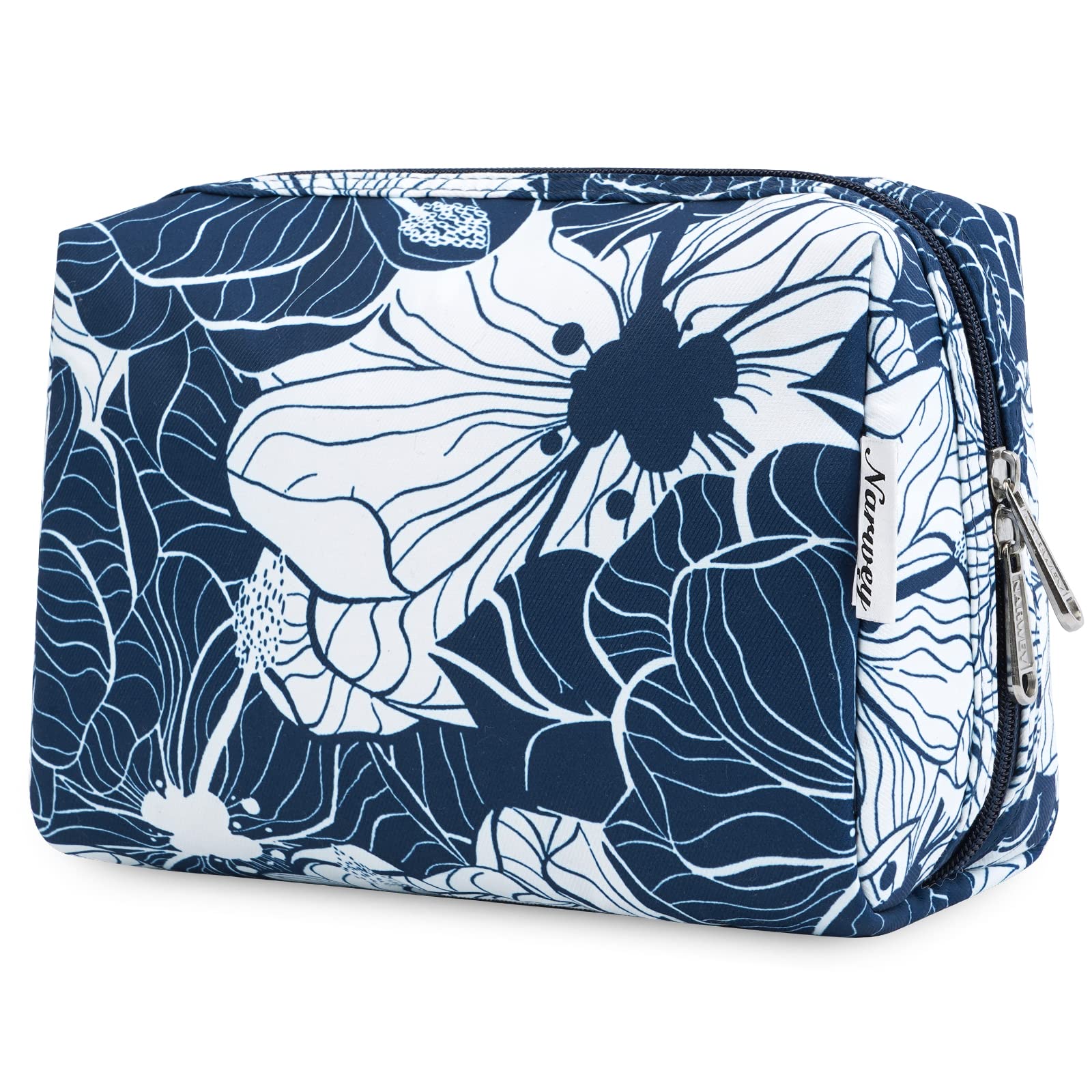 Narwey large blue lotus makeup bag outside view showing stylish travel presence