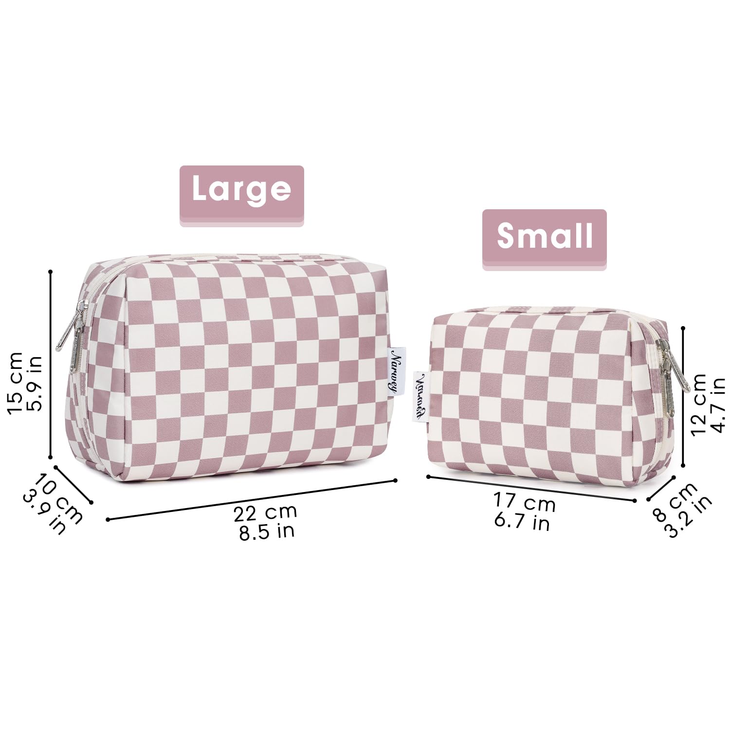 Narwey large makeup bag with durable zippers and raised edge guards against spills.