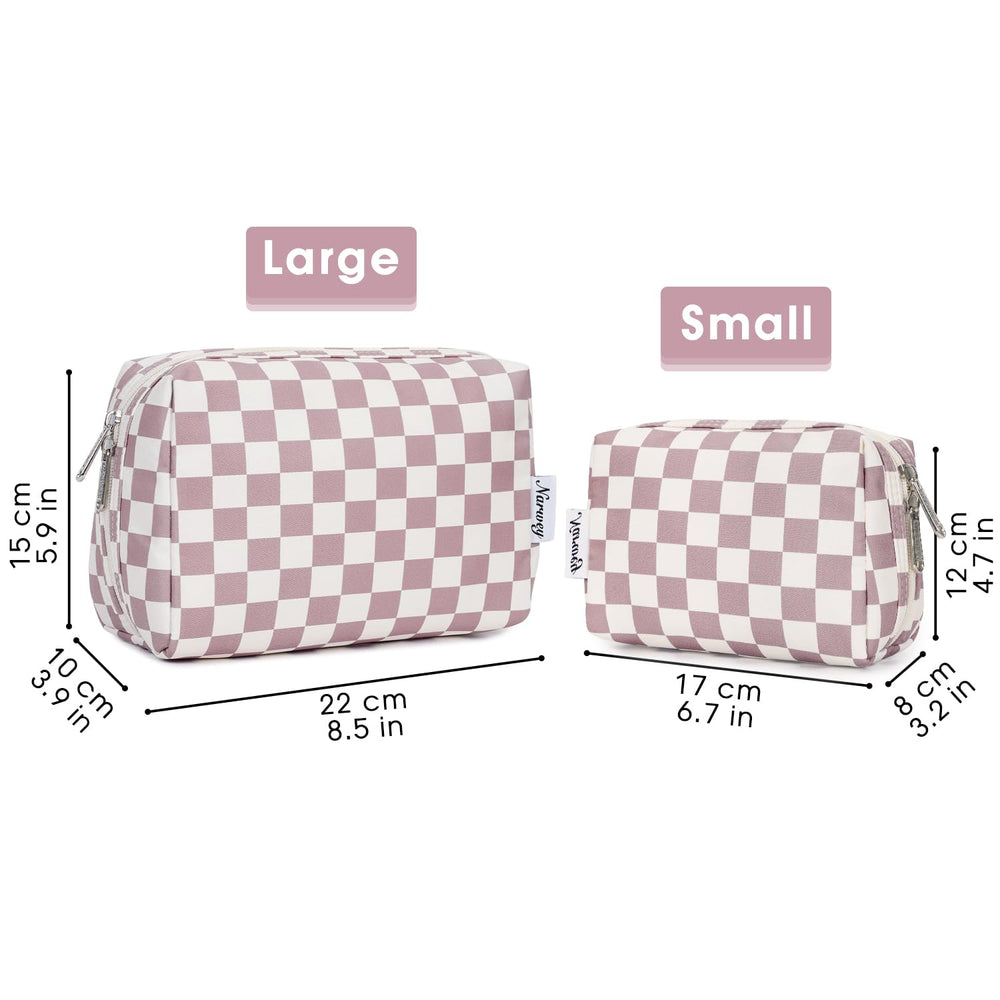 Narwey large makeup bag with durable zippers and raised edge guards against spills.