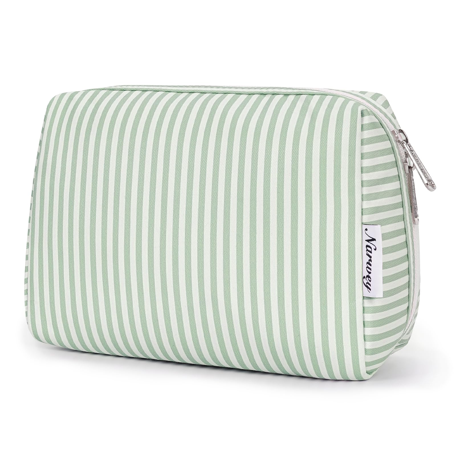 Narwey mint green stripe makeup bag front view shows organized storage for travel essentials.