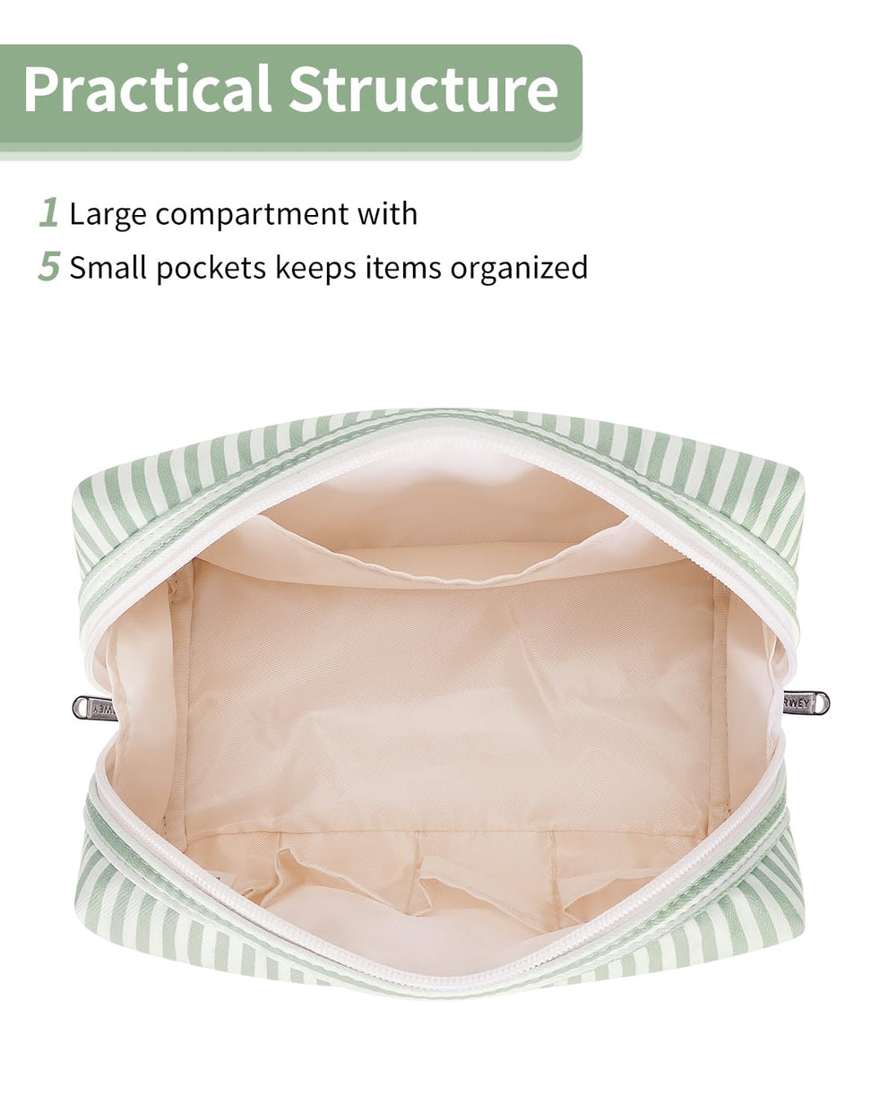 Narwey mint green stripe makeup bag interior pockets for brushes and cosmetics.