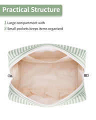 Narwey mint green stripe makeup bag interior pockets for brushes and cosmetics.