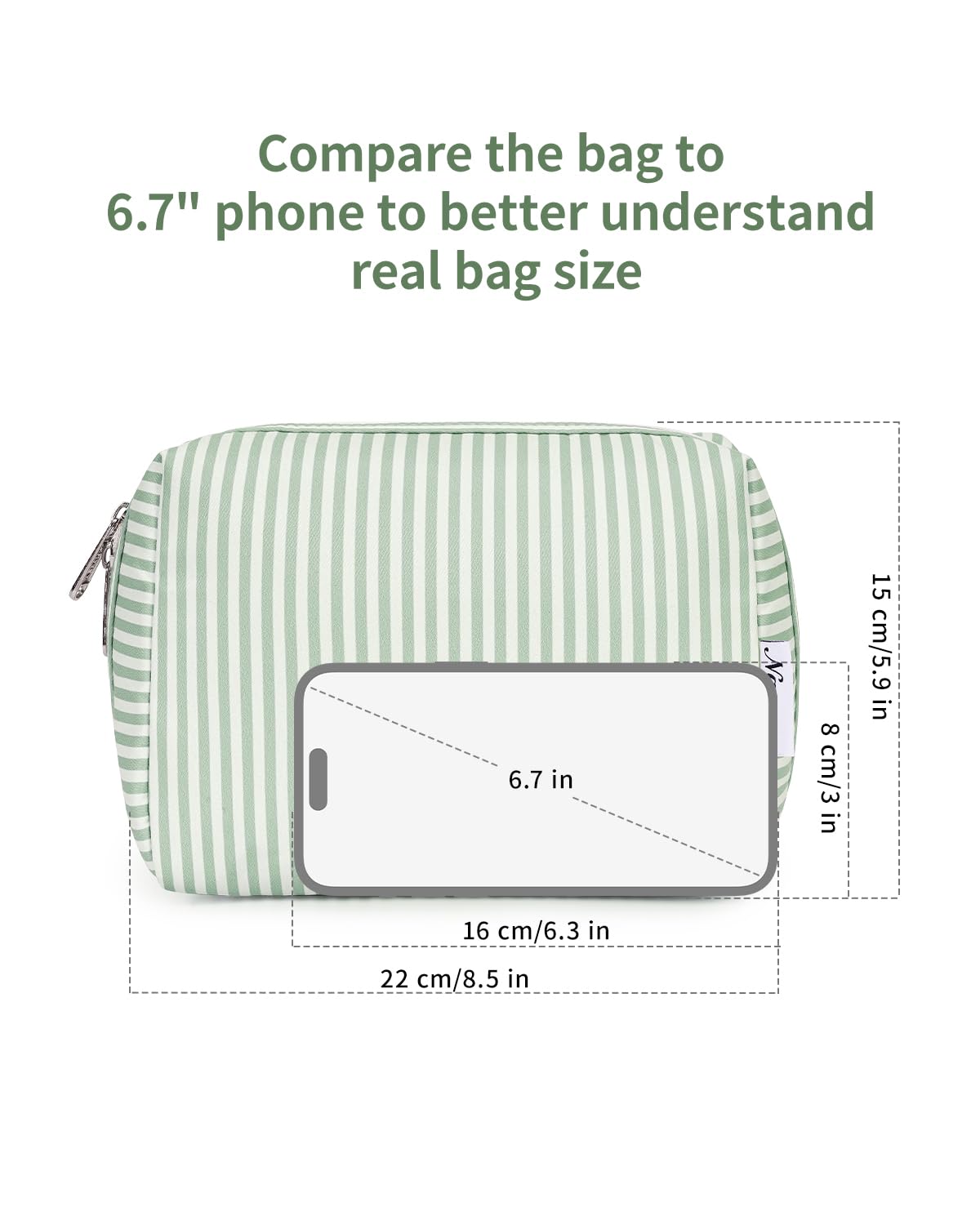 Narwey mint green stripe makeup bag side view highlighting water-resistant fabric.