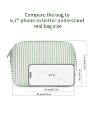Narwey mint green stripe makeup bag side view highlighting water-resistant fabric.