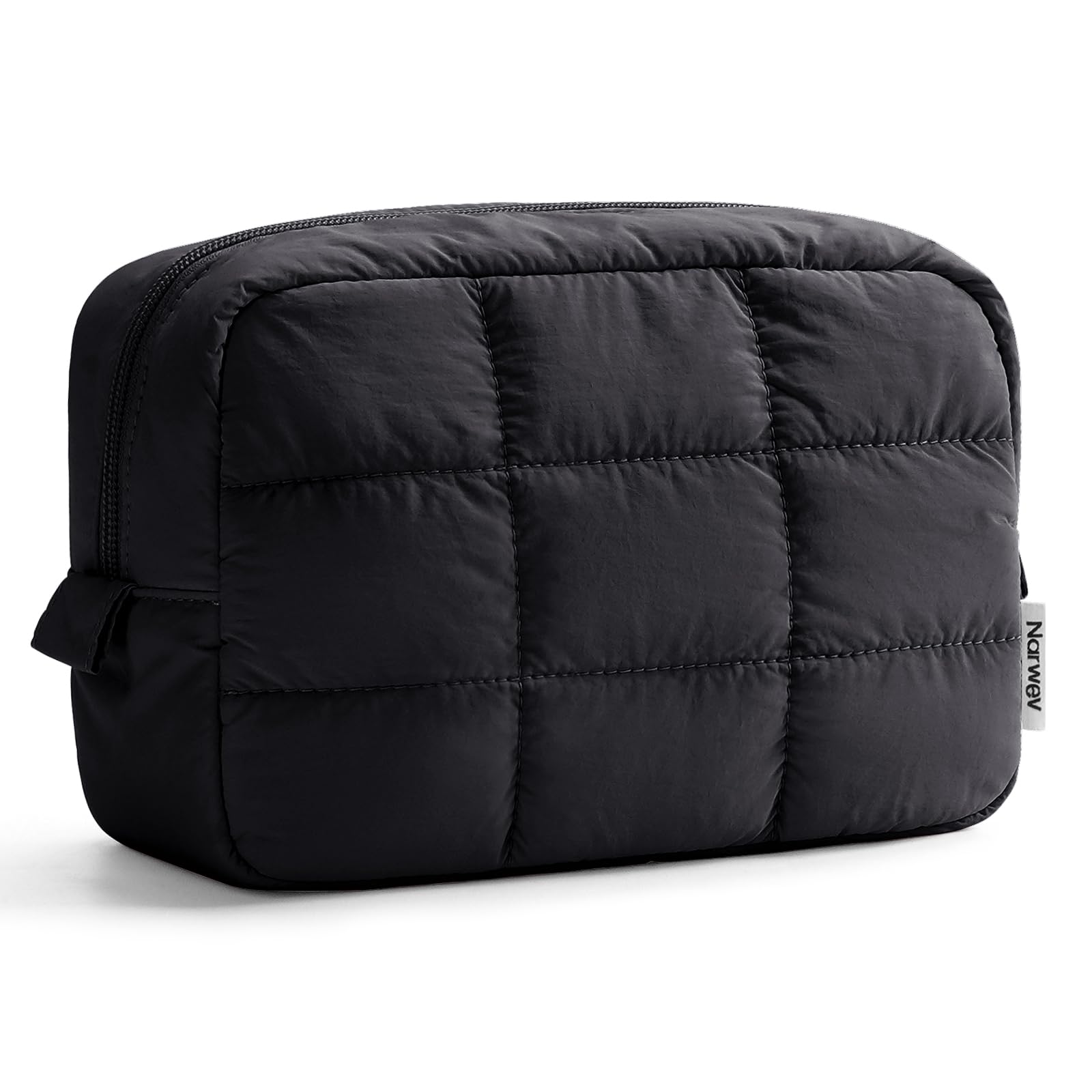 Narwey quilted makeup bag front view, compact and travel-ready.