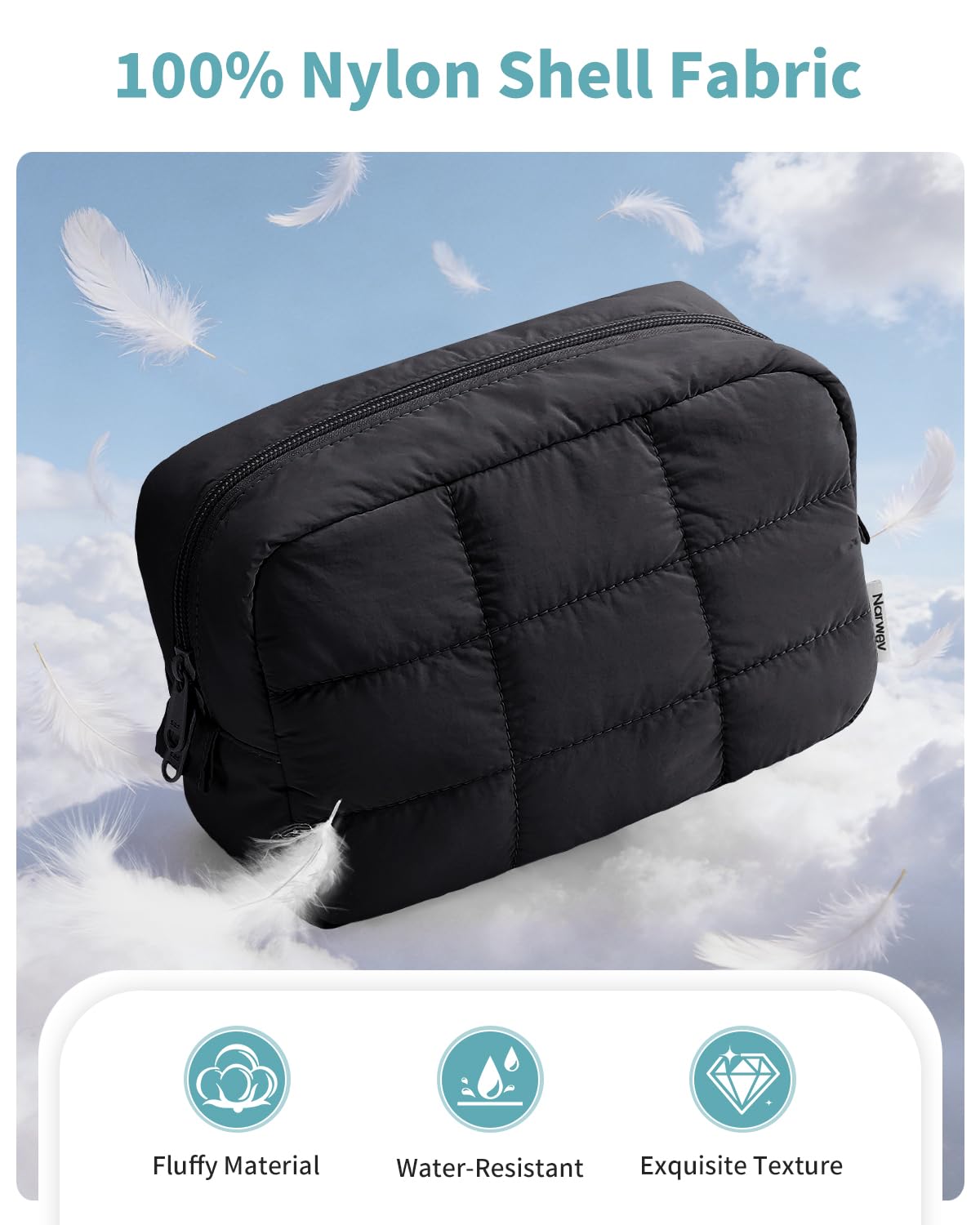 Narwey quilted makeup bag side view highlighting sturdy construction for on-the-go use.