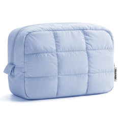 Narwey quilted makeup bag blue, front view, compact travel companion for cosmetics.