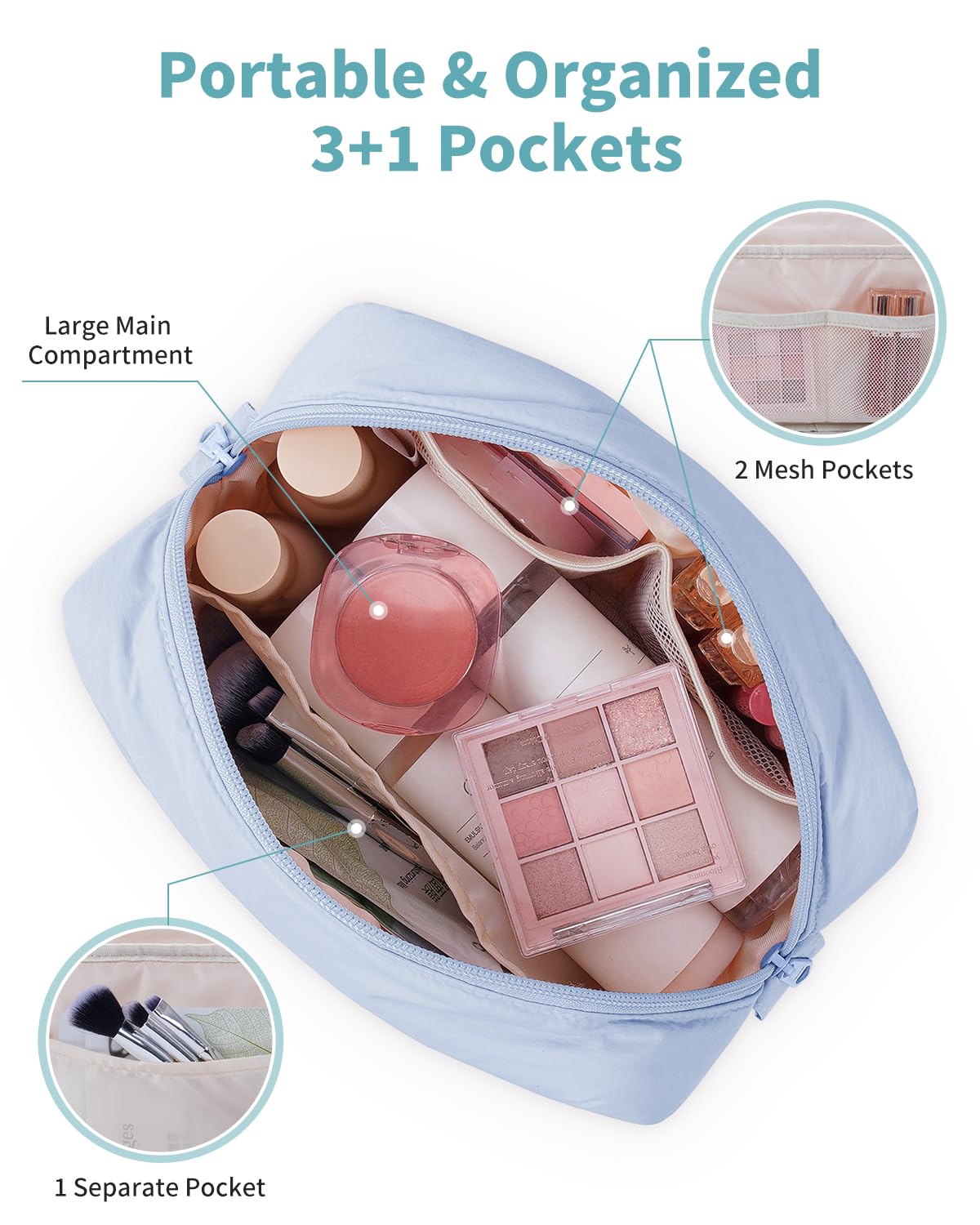 Narwey quilted makeup bag blue, interior compartments for neat skincare and makeup storage.