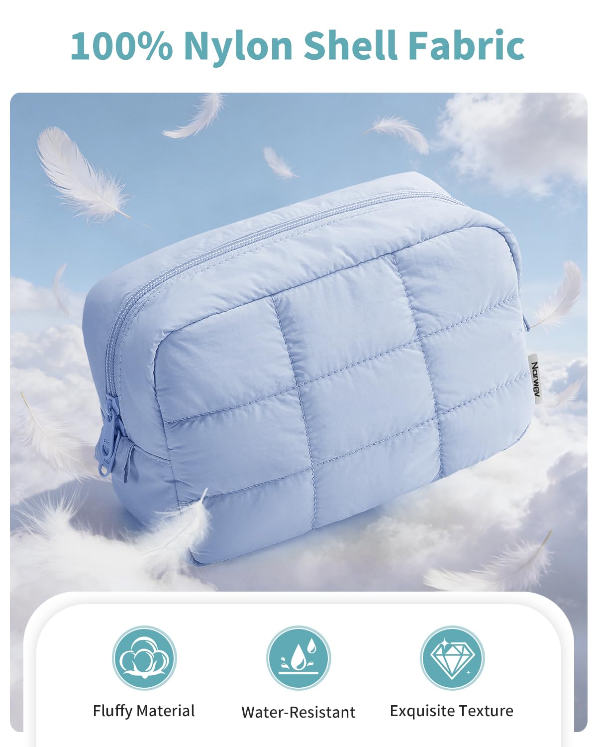Narwey quilted makeup bag blue, side pocket detail, keeps brushes organized on the go.