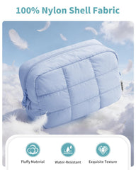 Narwey quilted makeup bag blue, side pocket detail, keeps brushes organized on the go.