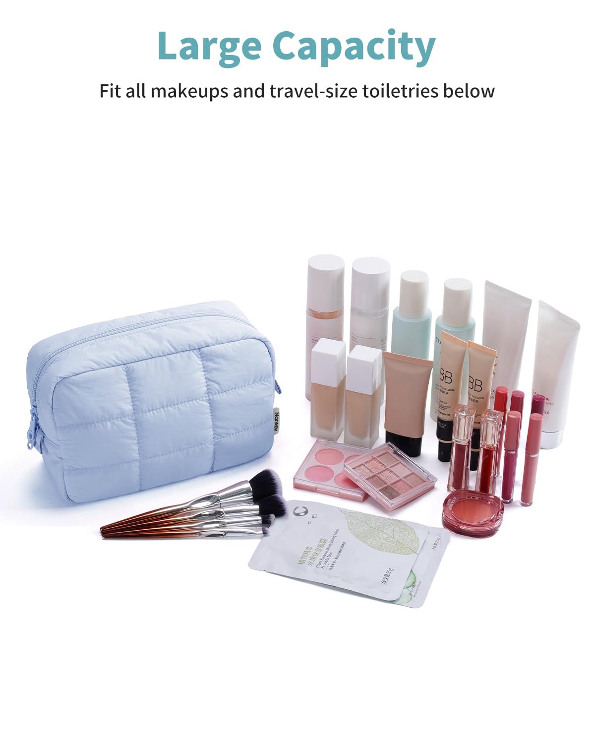 Narwey quilted makeup bag blue, travel-ready lightweight design for bags and purses.