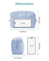 Narwey quilted makeup bag blue, water-resistant shell for daily use and travel.