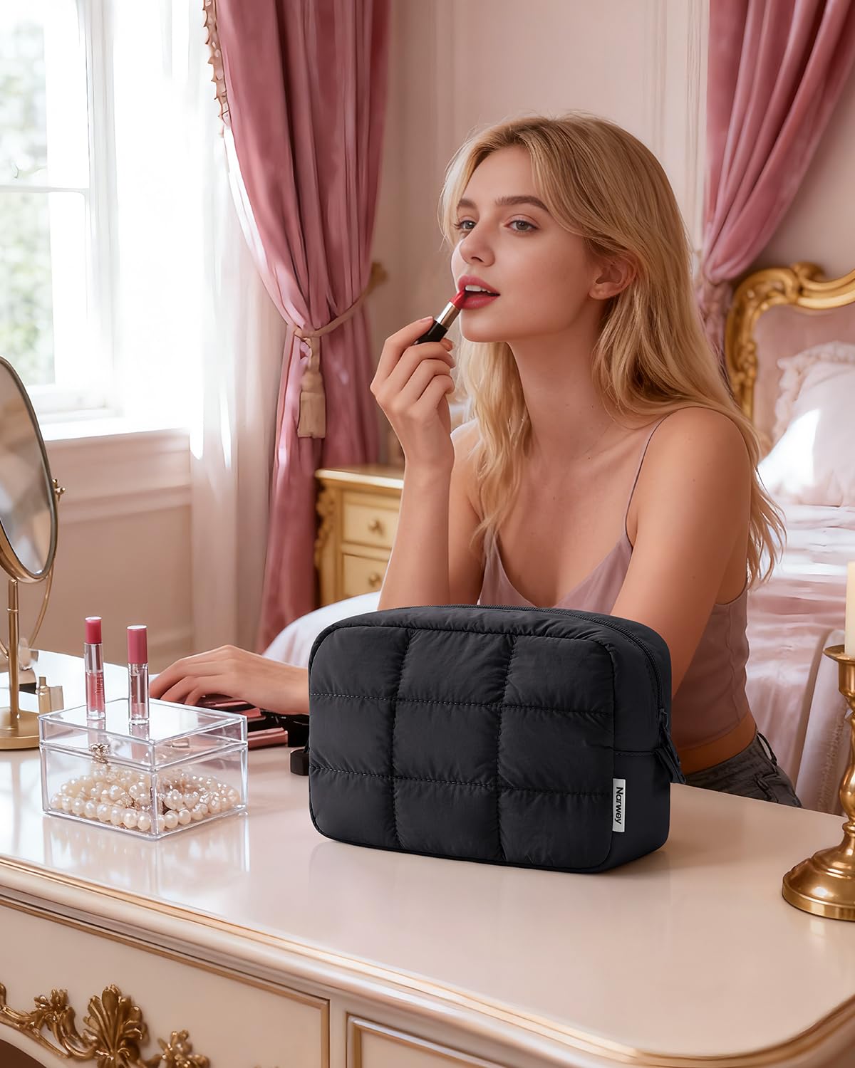 Narwey quilted makeup bag gift-ready with color options for gifting.