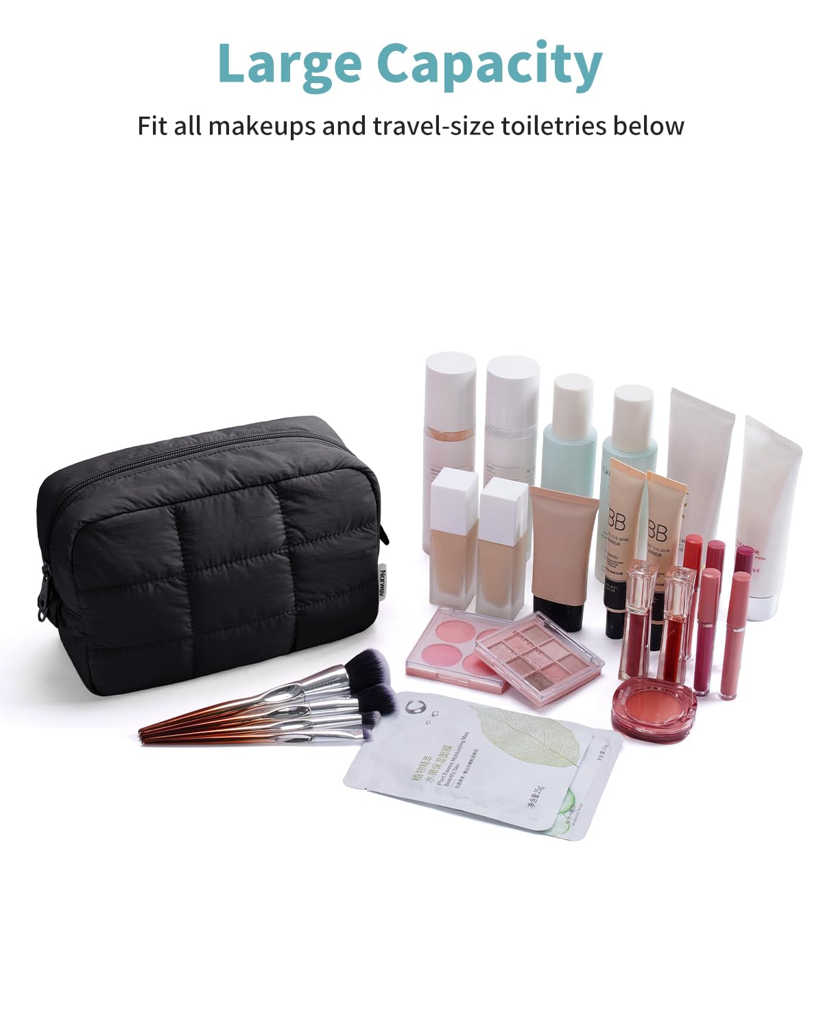 Narwey quilted makeup bag in use on vanity for daily routine.