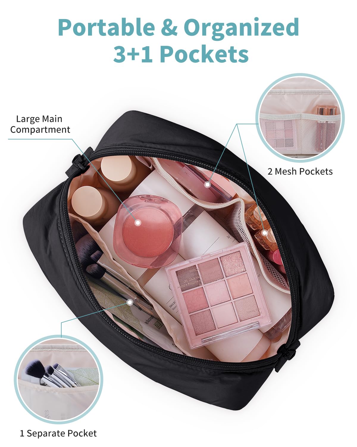 Narwey quilted makeup bag interior pockets organized for brushes and minis.