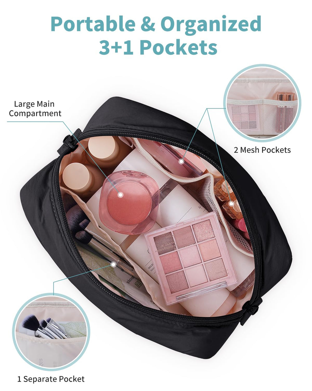Narwey quilted makeup bag interior pockets organized for brushes and minis.