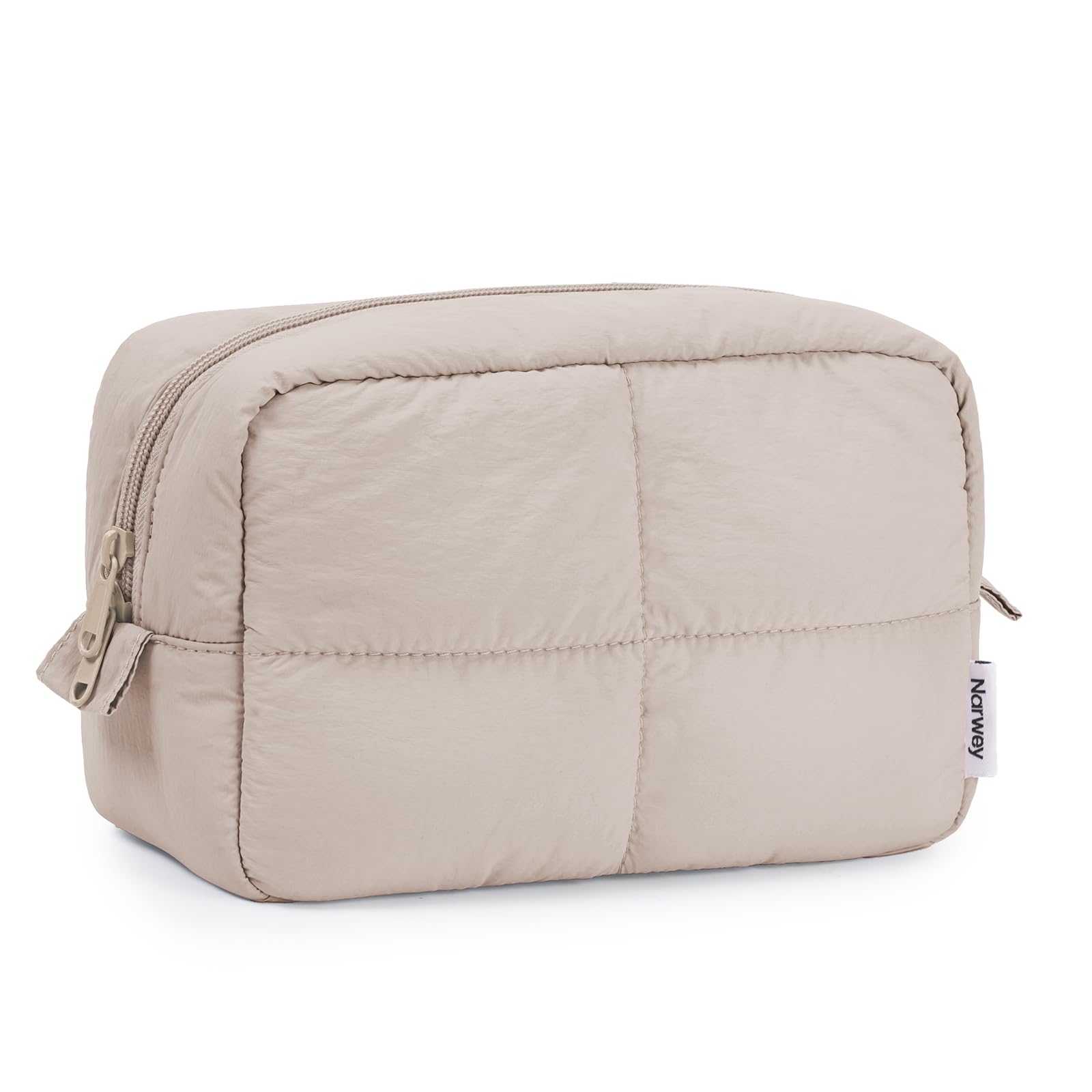 Narwey quilted makeup bag khaki front view with spacious main compartment for cosmetics