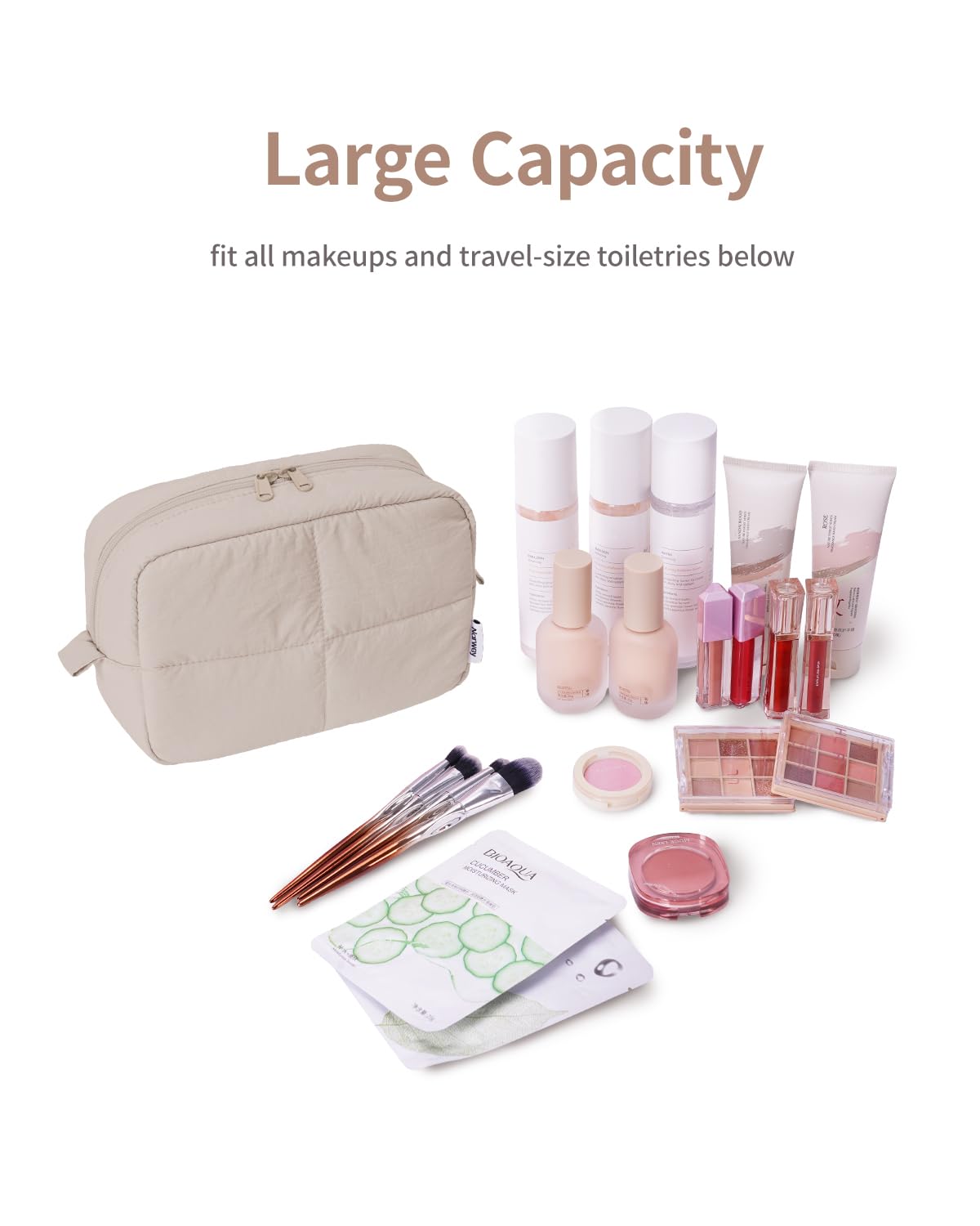Narwey quilted makeup bag khaki side view highlighting slim profile