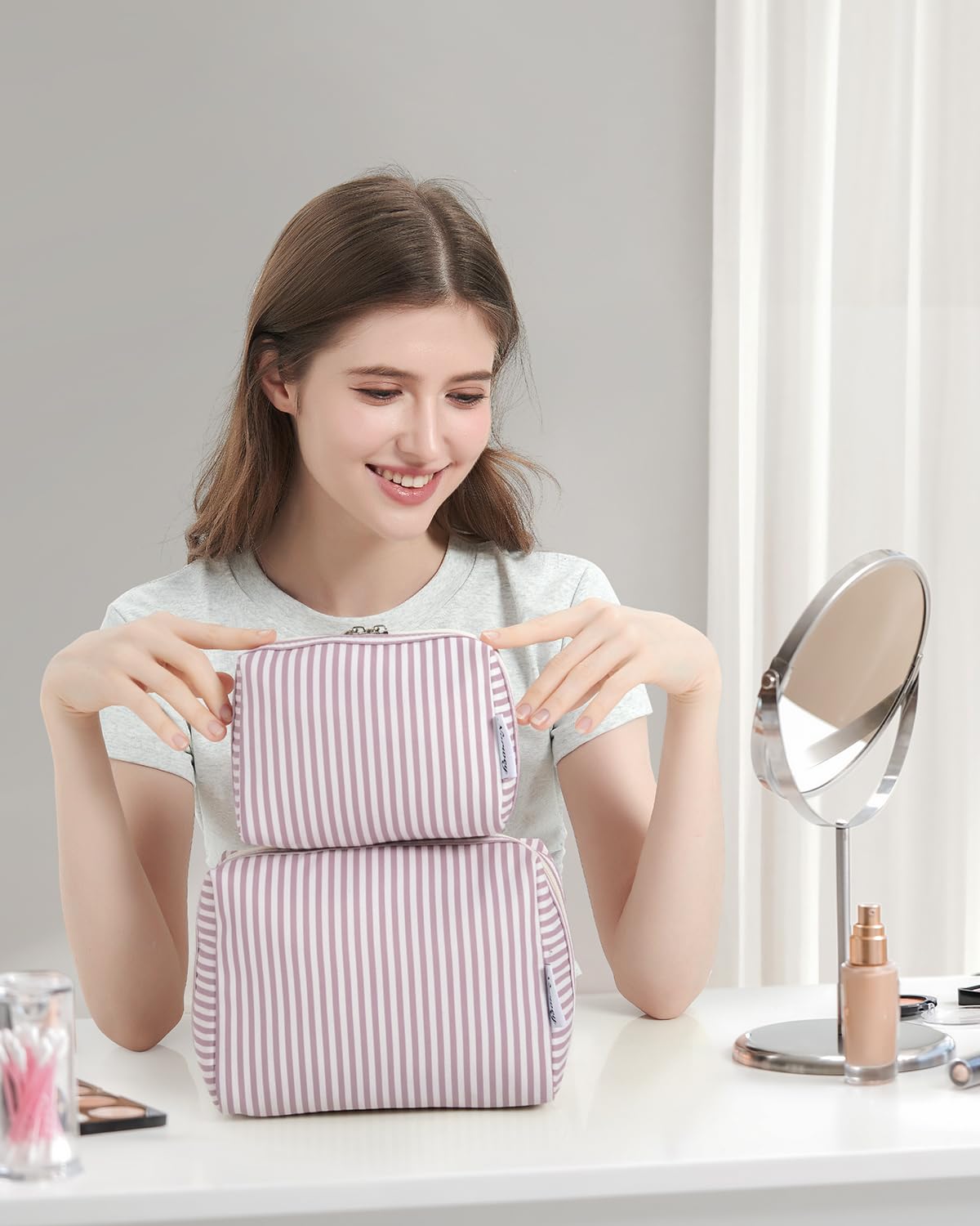 Narwey striped makeup bag large size fits skincare and makeup for trips.