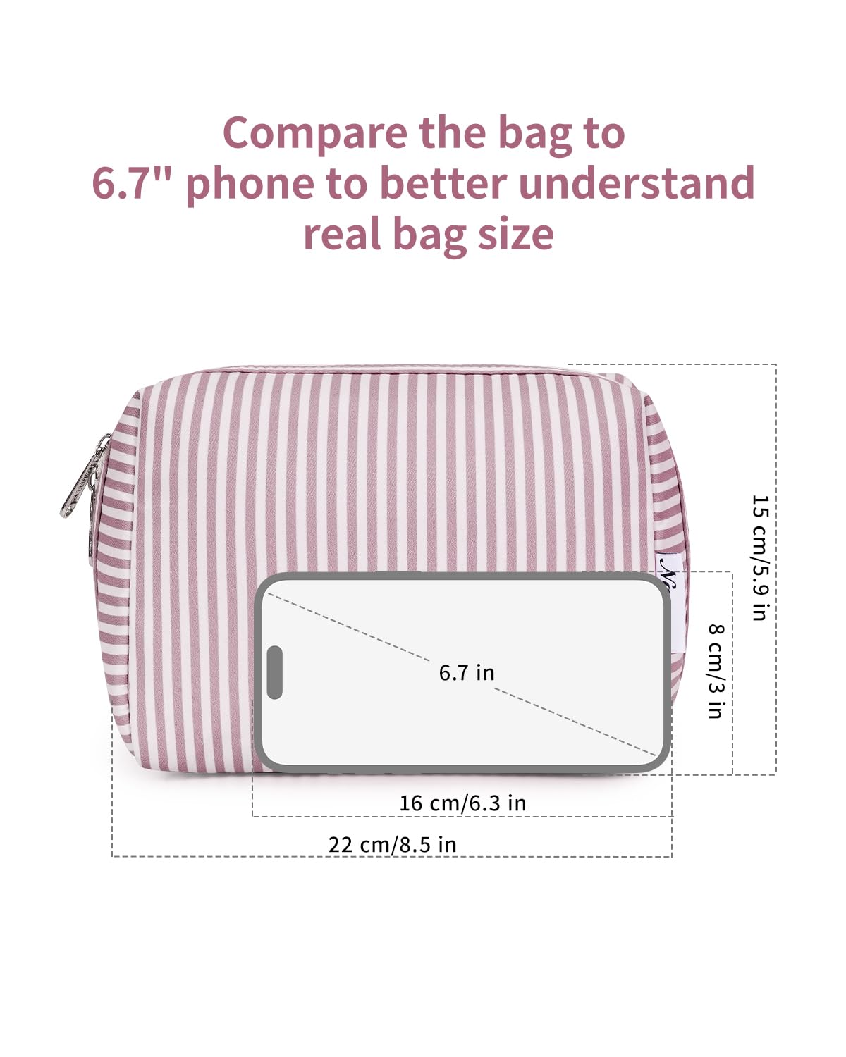 Narwey striped makeup bag fabric close-up highlights durability and water resistance.