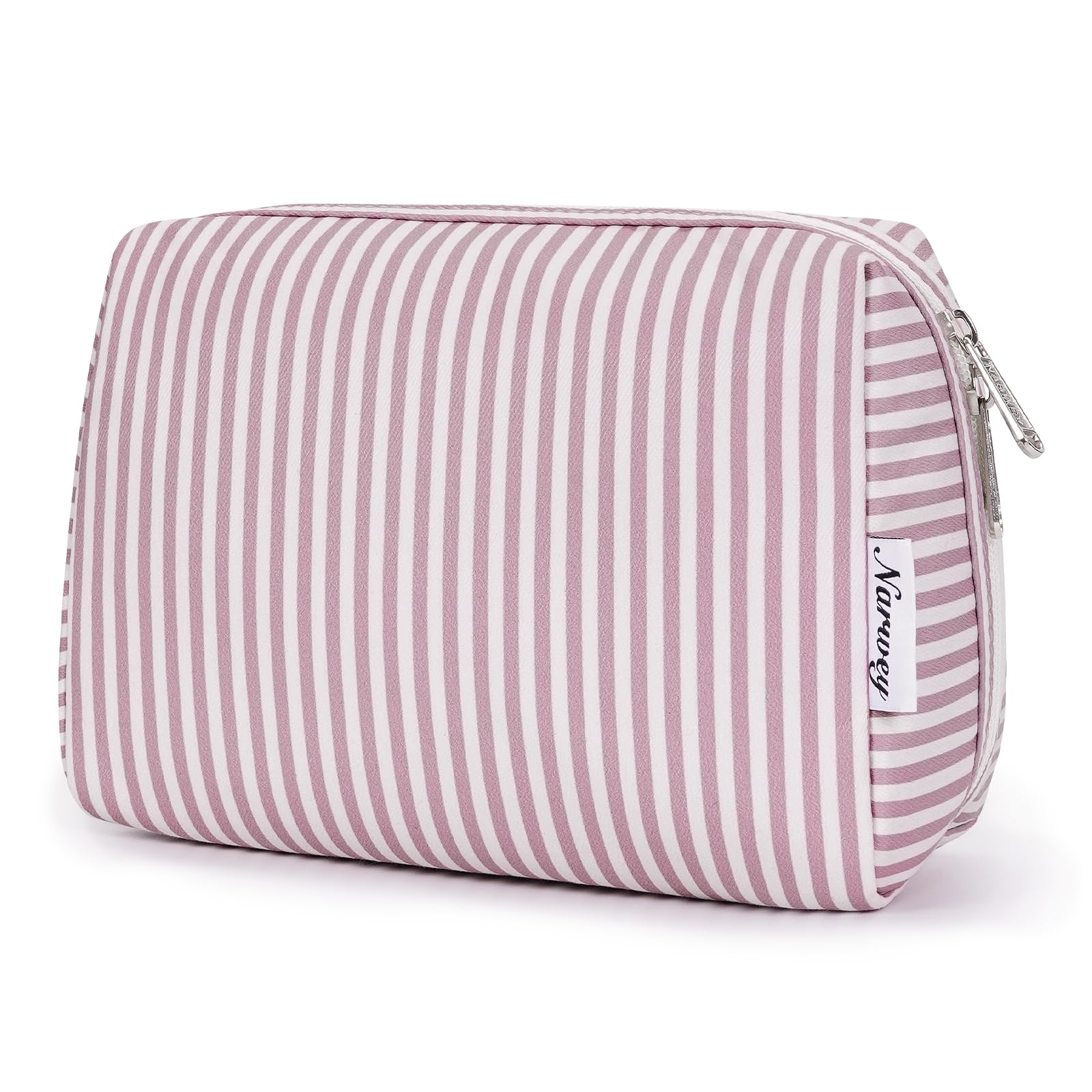 Narwey striped makeup bag dusty rose front view for easy travel organization.