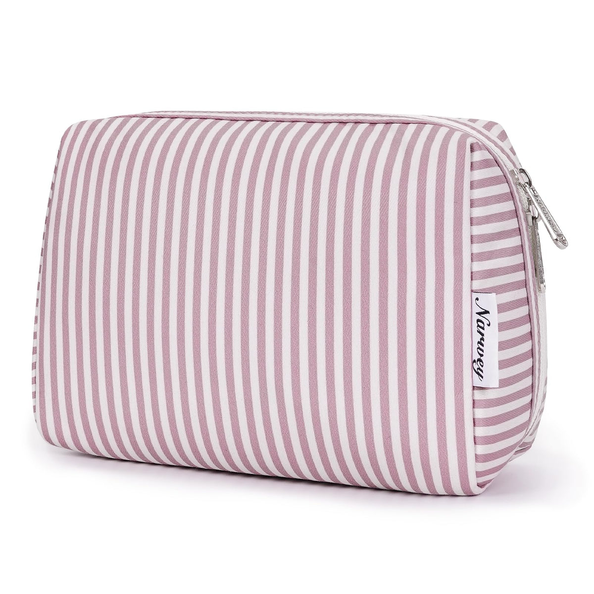 Narwey striped makeup bag dusty rose front view for easy travel organization.