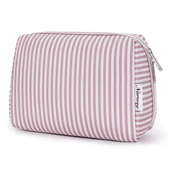 Narwey striped makeup bag dusty rose front view for easy travel organization.
