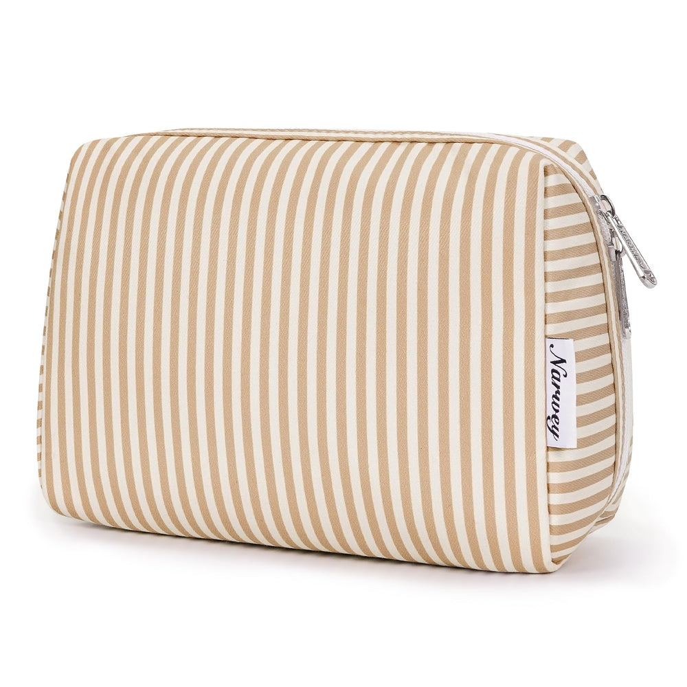 Narwey striped makeup bag front view showing portable design for travel