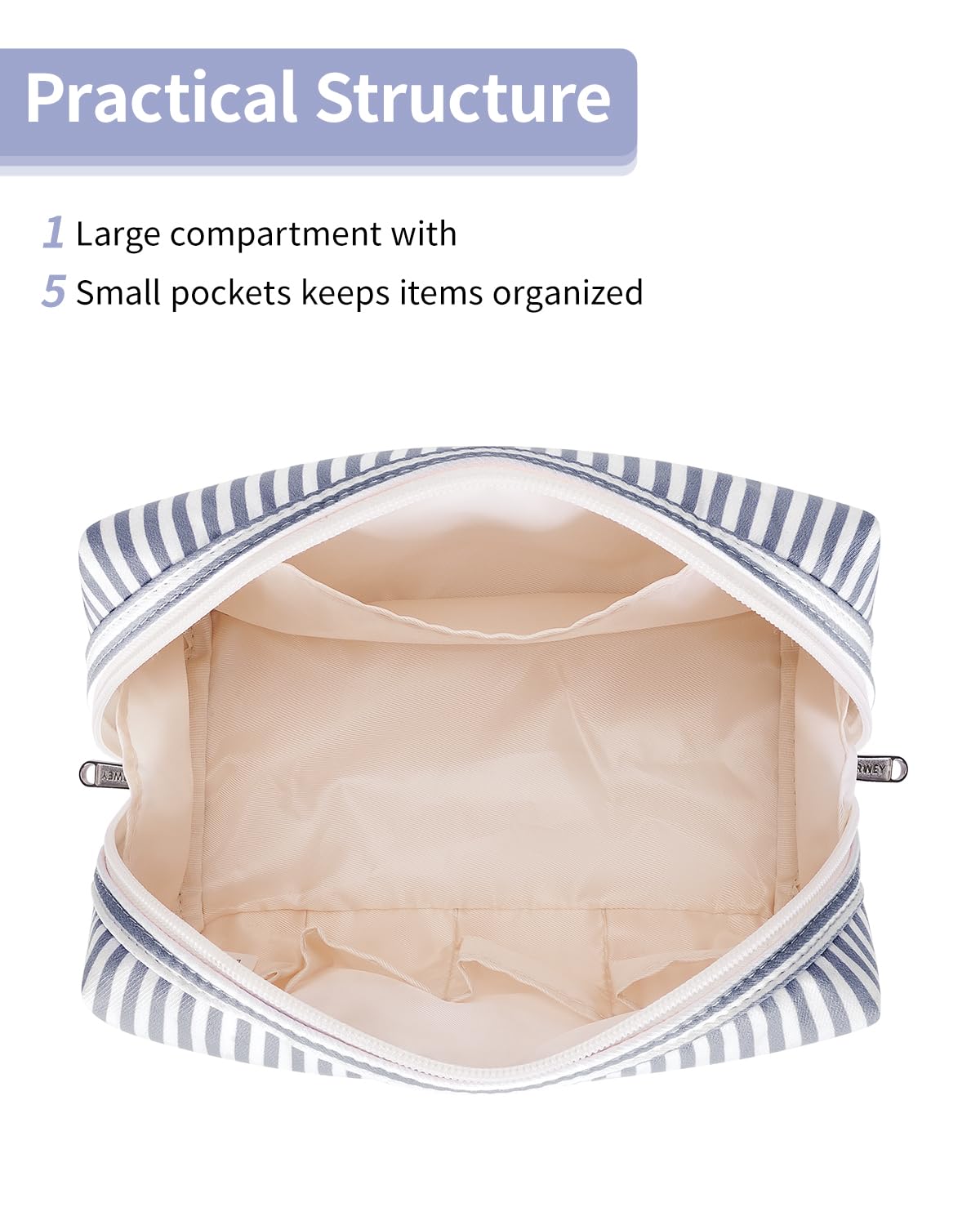 Narwey striped makeup bag interior with pockets, showing organized storage.
