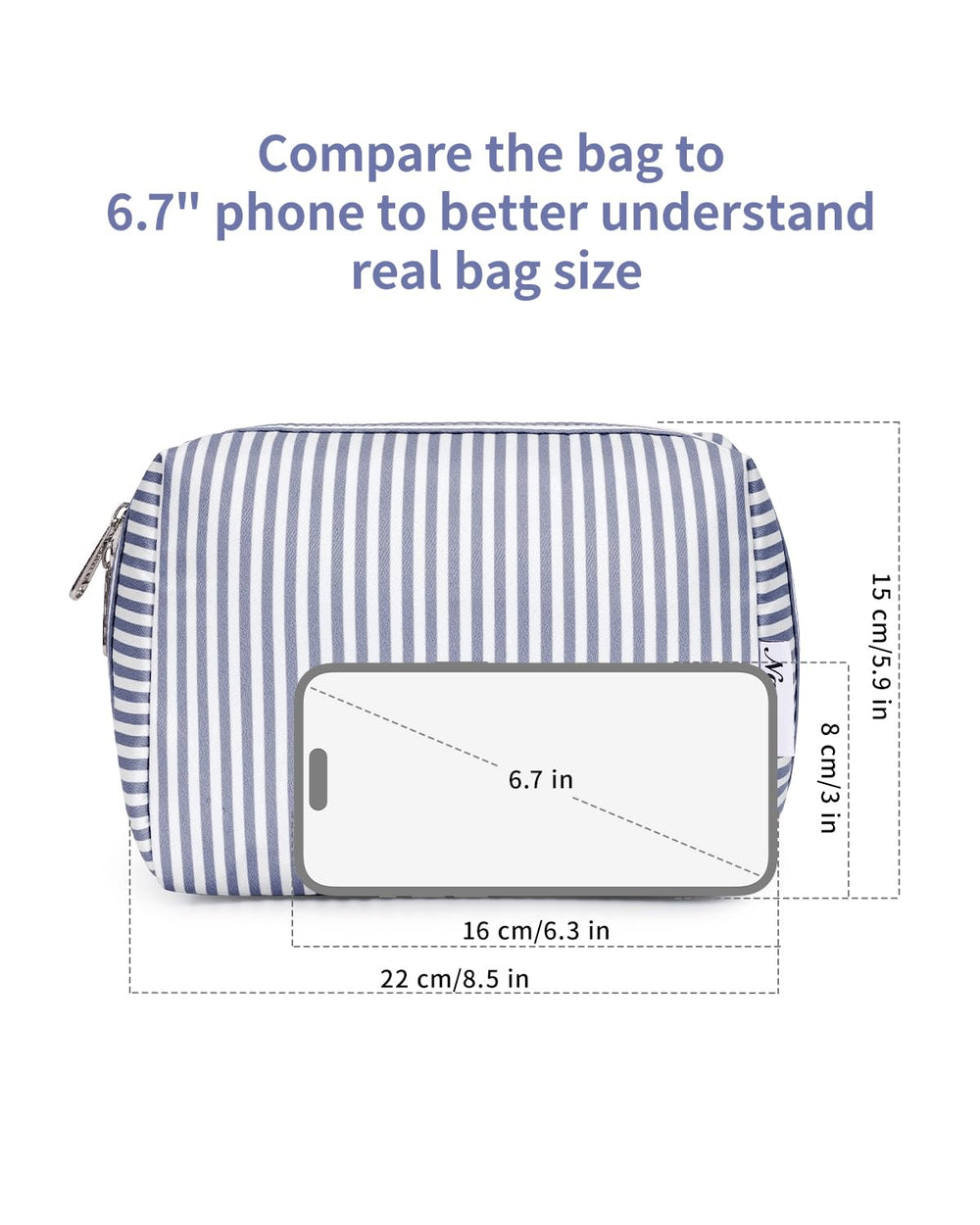 Narwey striped makeup bag with sturdy zipper and raised edge.
