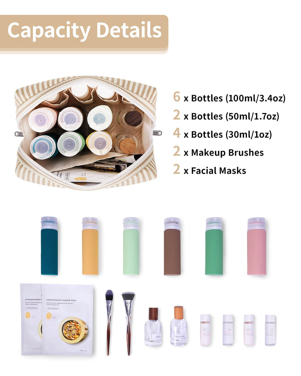 Narwey striped makeup bag main compartments open for easy access to cosmetics