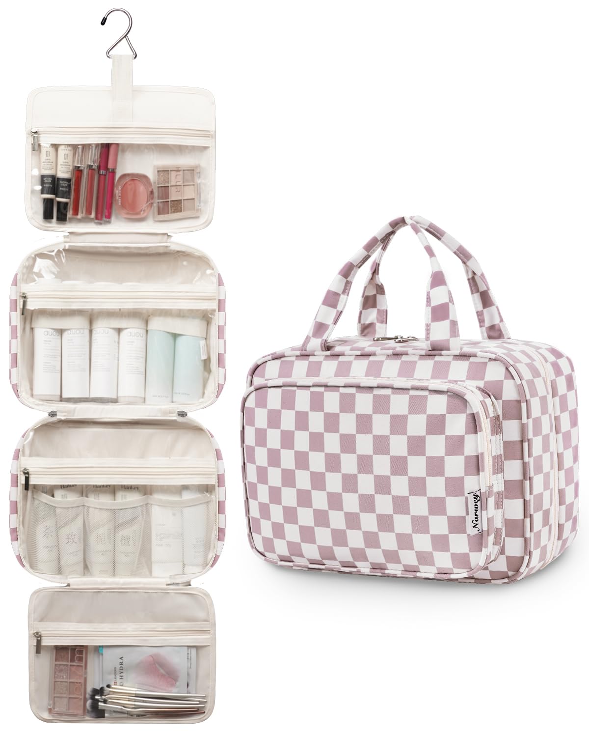 Narwey large compartments illustrate space for full-size toiletries and cosmetics.