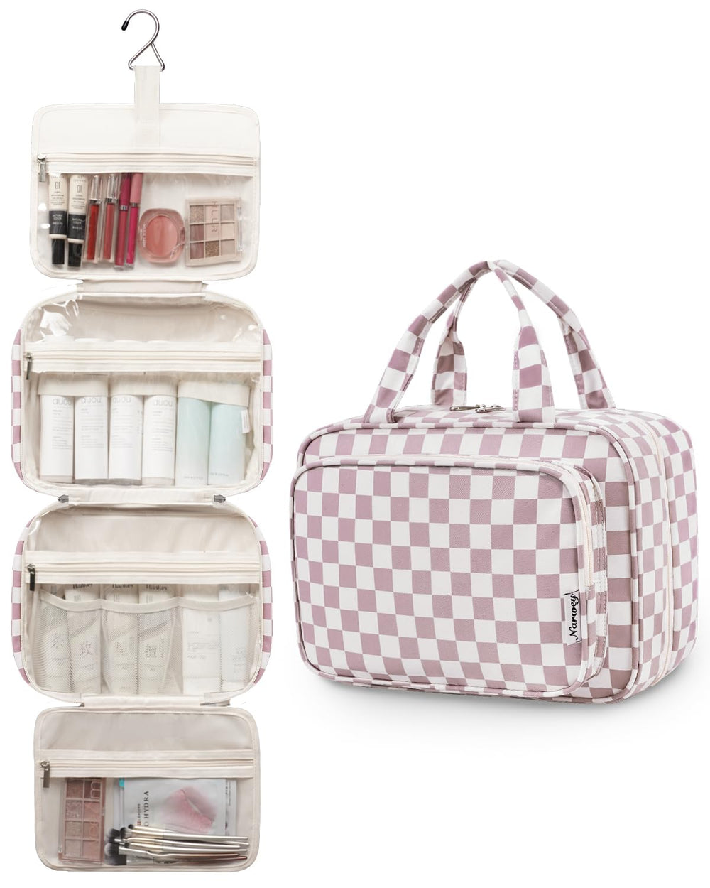 Narwey large compartments illustrate space for full-size toiletries and cosmetics.