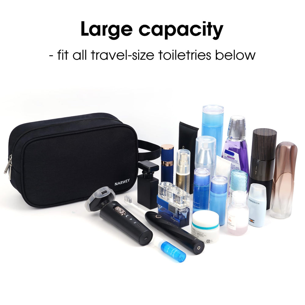 Narwey travel toiletry bag interior pockets keep toiletries neatly upright and separated.