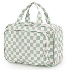 Narwey travel toiletry bag mint green checkerboard, front view with large capacity.
