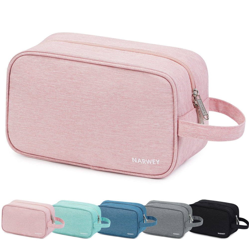 Narwey Travel Toiletry Bag pink front view, compact storage for daily essentials.