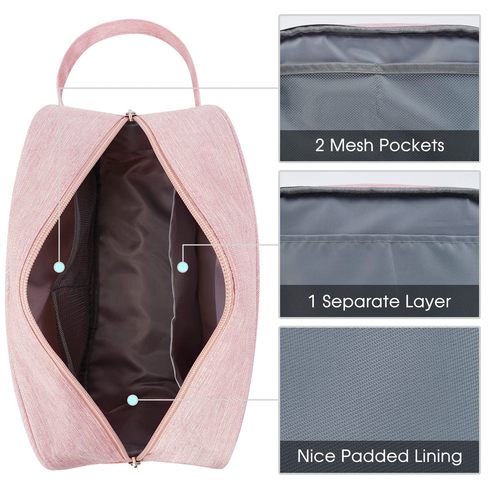 Narwey Travel Toiletry Bag pink upright standing on counter for easy packing.