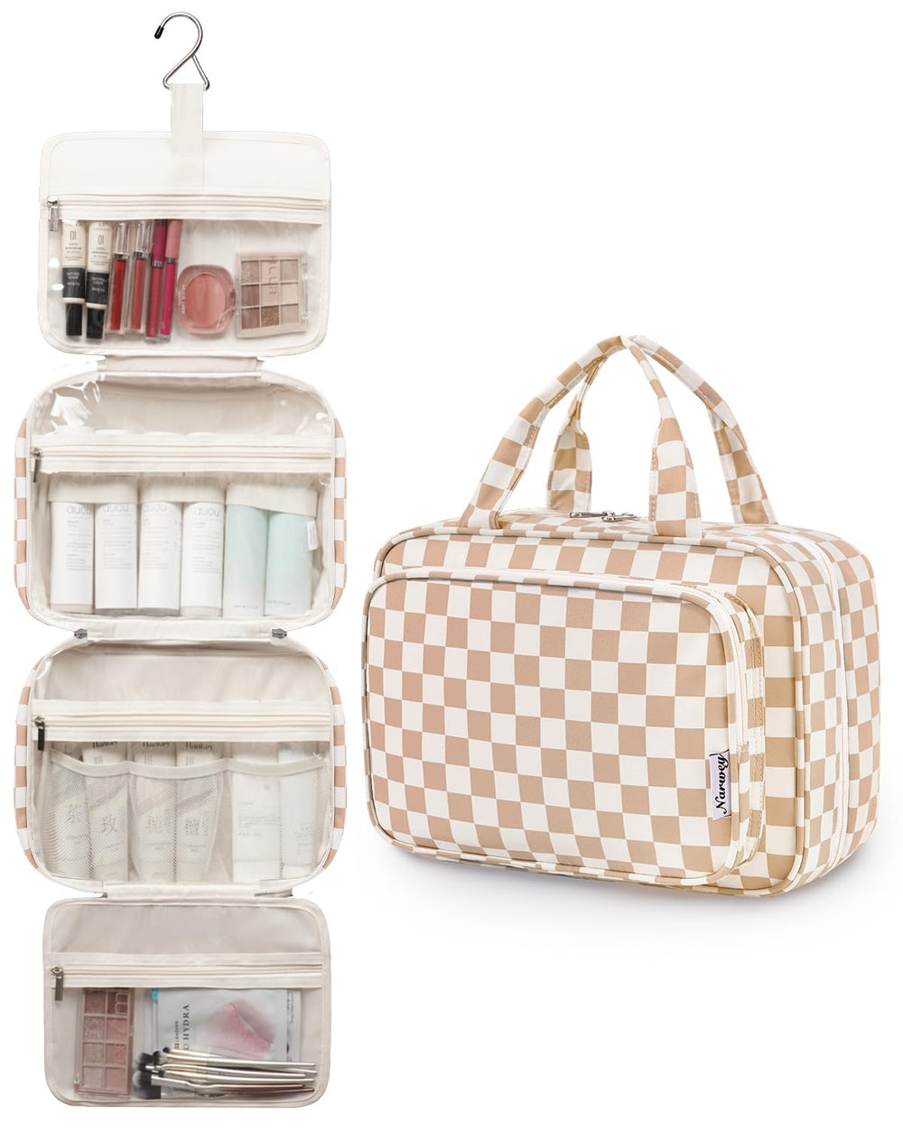 Narwey hanging toiletry bag with hook ready for hotel bathroom.