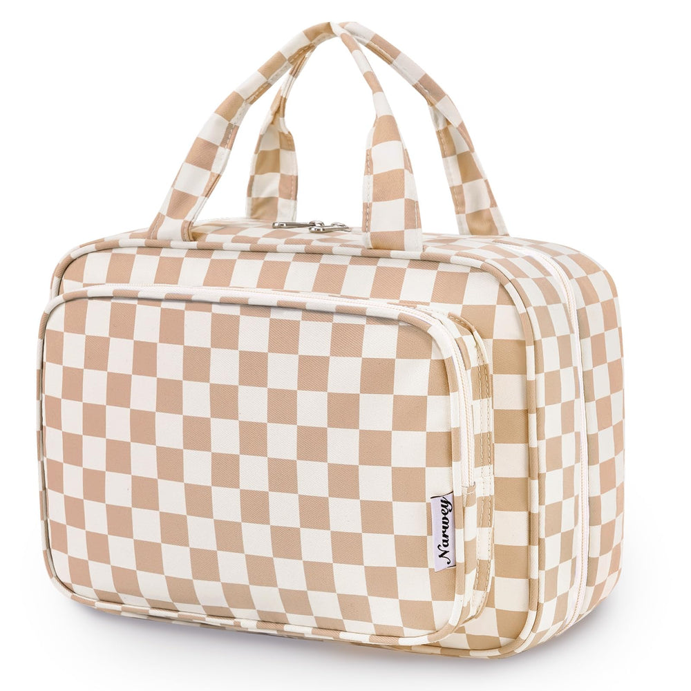Narwey large light checkerboard toiletry bag with hooks for easy access on the go.