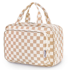 Narwey large light checkerboard toiletry bag with hooks for easy access on the go.