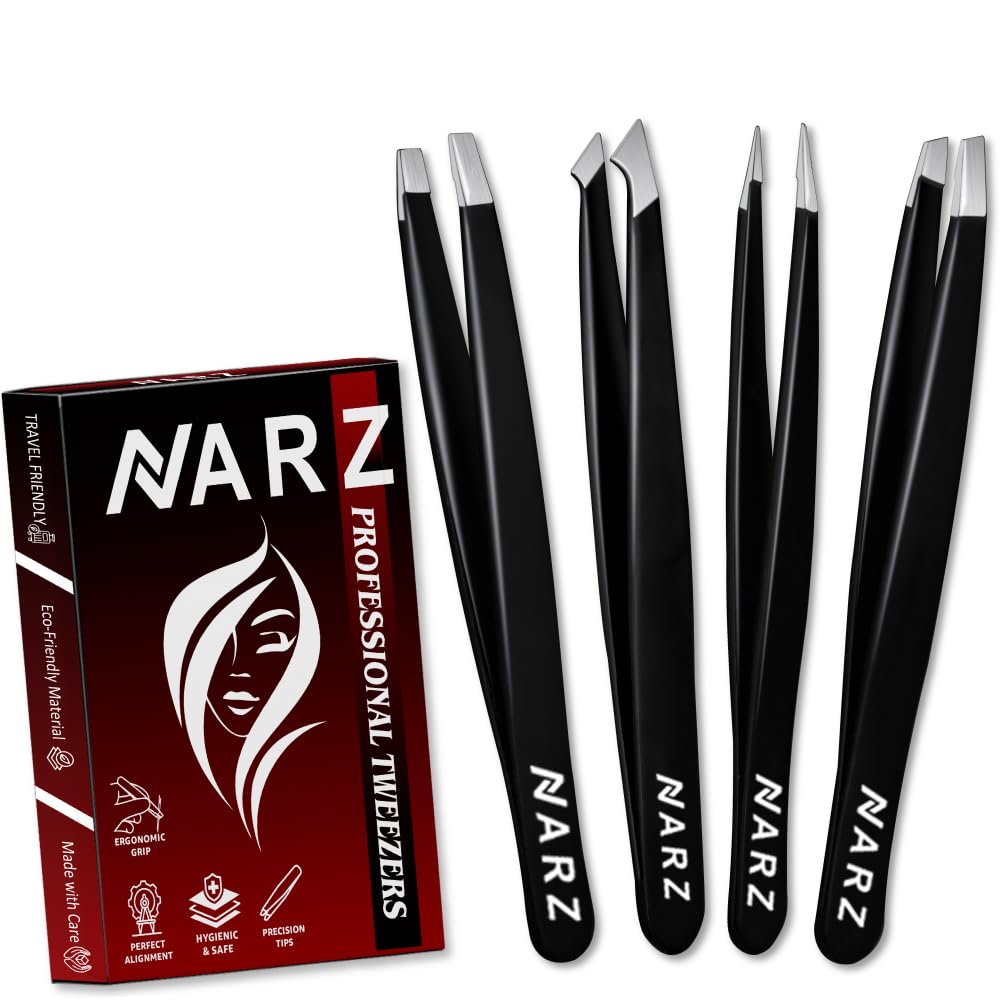 NARZ 4Pcs tweezers set with slanted tip for precise hair removal