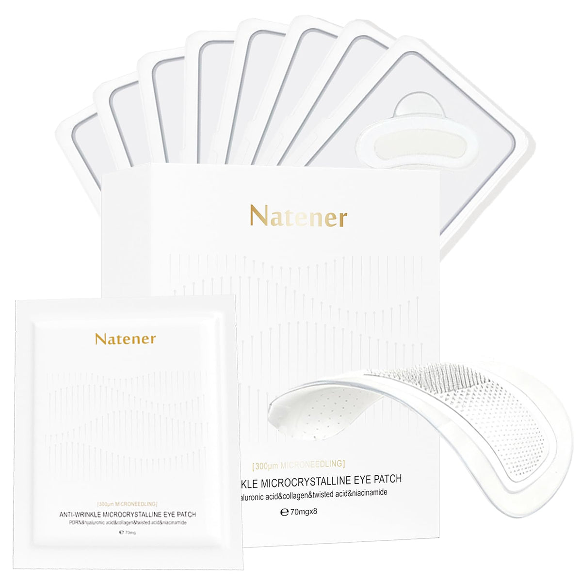 Natener PDRN micro eye patches pack ready for easy application and refreshed under-eye appearance.