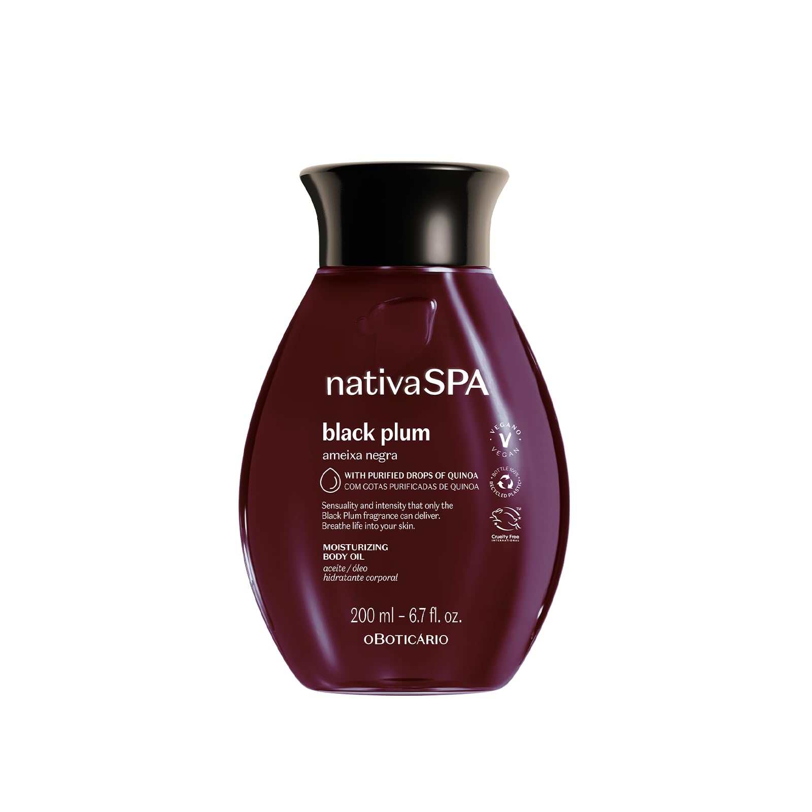 NATIVA SPA Black Plum Body Oil bottle shows premium hydration and design