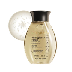 NATIVA SPA Madagascar Vanilla Body Oil bottle demonstrates soothing hydration for the skin.